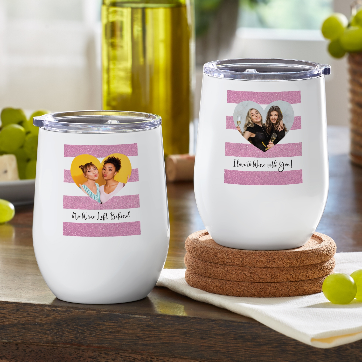 Shimmer Stripe Photo Heart Wine Tumbler