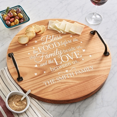 Bless This Food Classic Pine Wine Barrel Tray