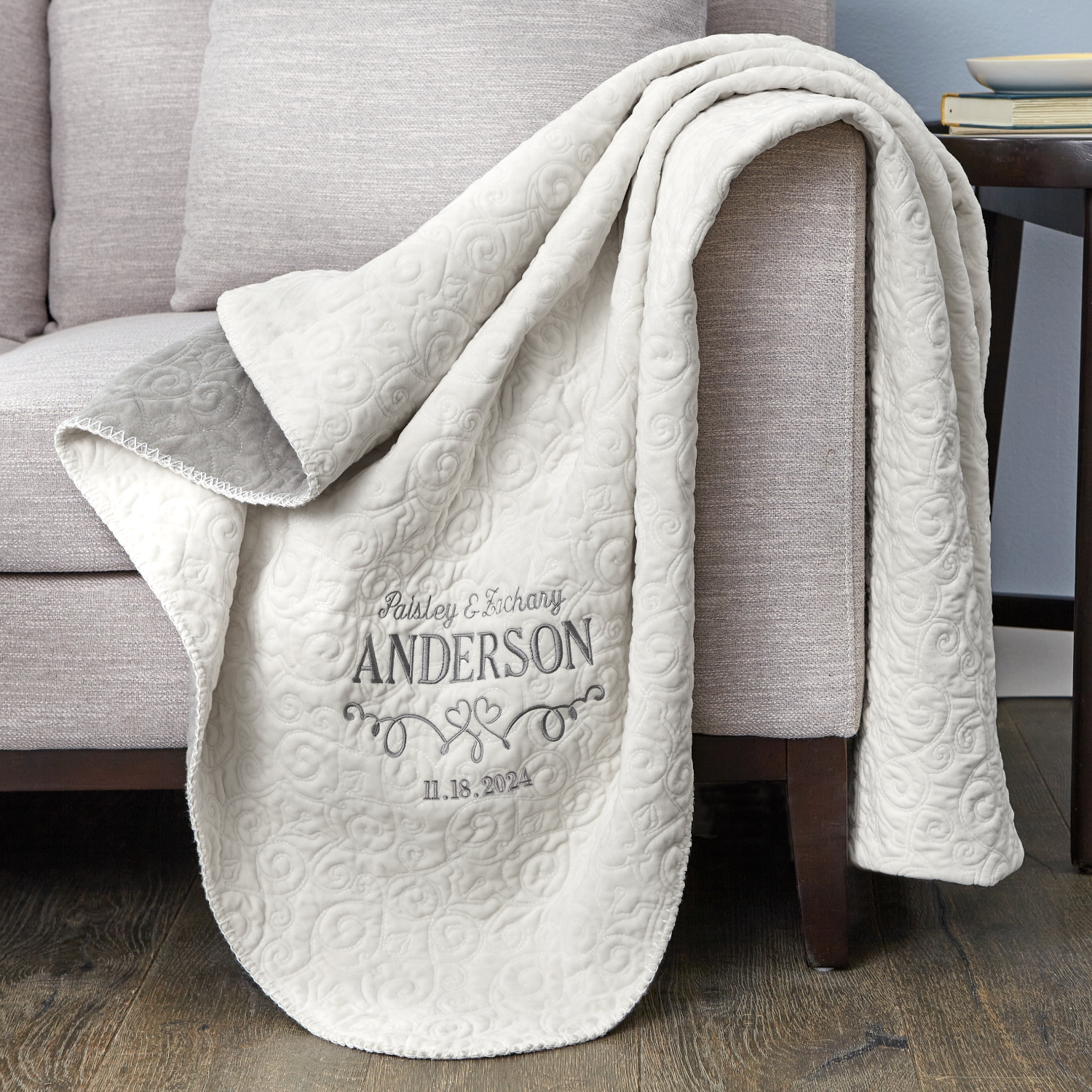 Two Hearts Embroidered Quilted Throw | Personal Creations
