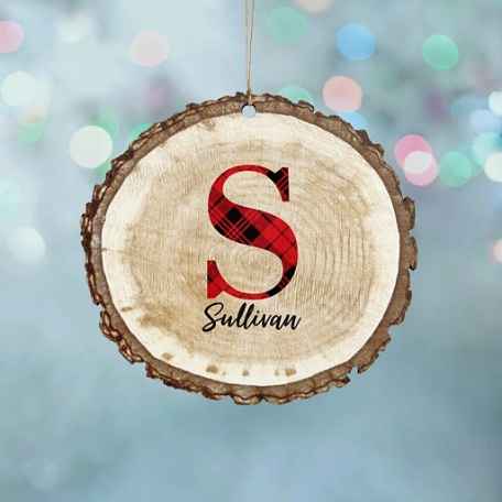 Plaid Initial & Name Rustic Round Ornament
