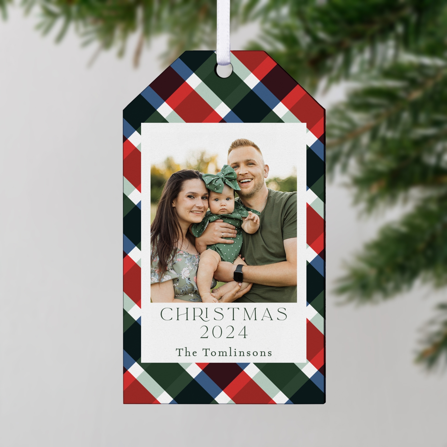 Plaid Border Photo Gift Tag Ornament