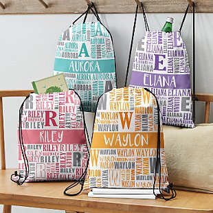 Name Game Allover Print Drawstring Bags