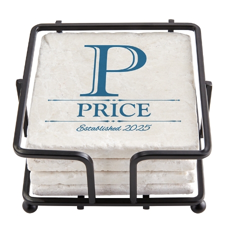 Decorative Monogram and Name Marble Coasters w/Holder - Blue