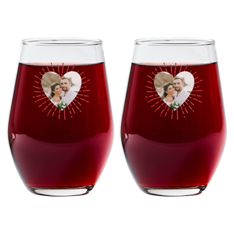 Bursting Heart Photo Message Stemless Wine Glass - Set of 2