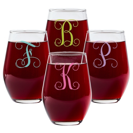 Colorful Initial Stemless Wine Glass - Set of 4
