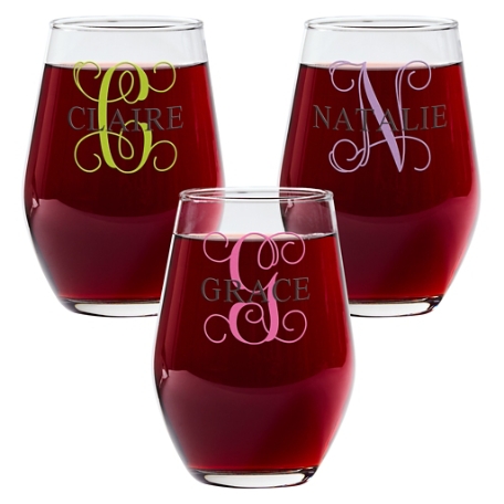 Colorful Name & Initial Stemless Wine Glass - Set of 3