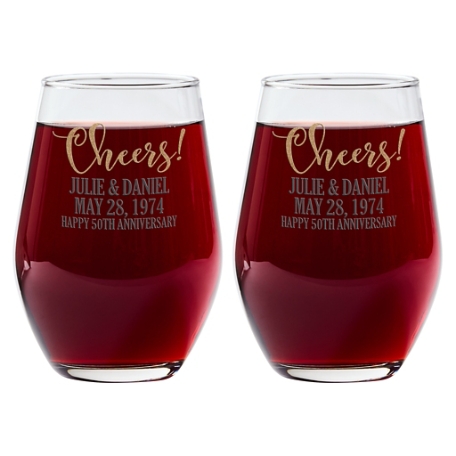 Cheers! Anniversary Stemless Wine Glass Set