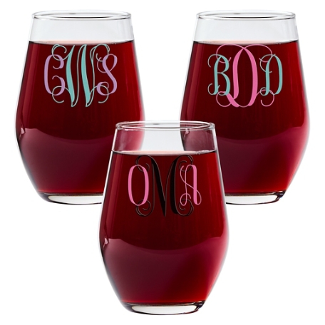 Colorful Monogram Stemless  Wine Glasses - Set of 3