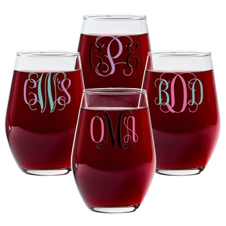 Colorful Monogram Stemless  Wine Glasses - Set of 4