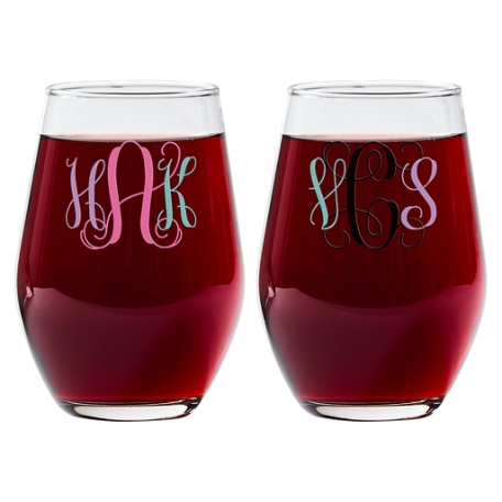 Colorful Monogram Stemless  Wine Glasses - Set of 2
