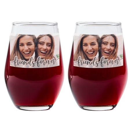 Forever Friends Photo Wine Stemless Glass - Set of 2