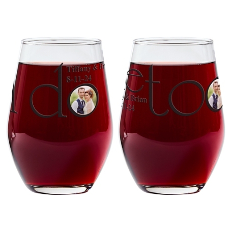 I Do, Me Too Photo Stemless Wine Glass Set