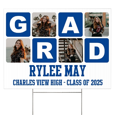 Blocks Of Color Graduation Photo 2 Sided Yard Sign- Blue