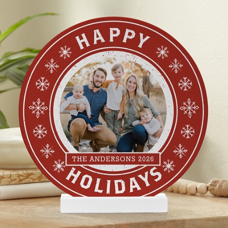 Happy Holidays Photo  Wood Circle with Stand