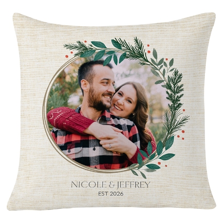 Holly Wreath Photo Pillow - Tan