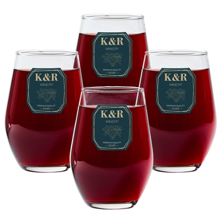 Vineyard Monogram Stemless Wine Glass - Blue - Set of (4)
