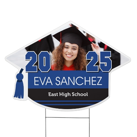Class Pride! Graduation Cap Photo Yard Sign - Blue - Large