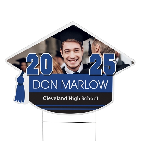 Class Pride! Graduation Cap Photo Yard Sign - Blue - Small
