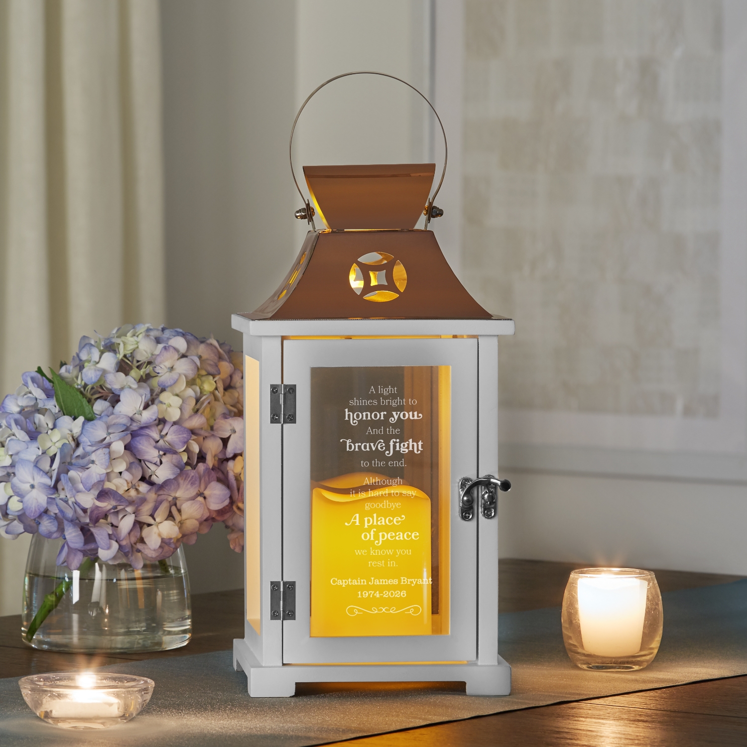 No One Fights Alone White Memorial Lantern with copper top