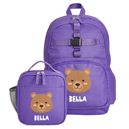 Cheerful Animals Backpack + Lunch Box - Purple - Bear