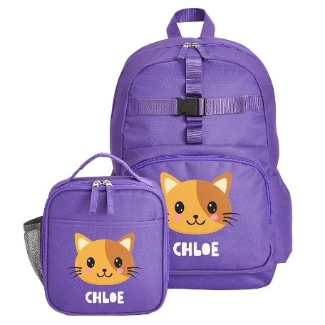 Cheerful Animals Backpack + Lunch Box - Purple - Cat
