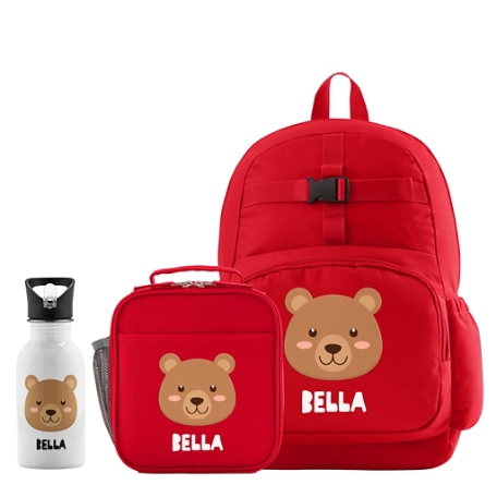 Cheerful Animals Backpack + Lunch Box + Water Bottle - Red - Bear