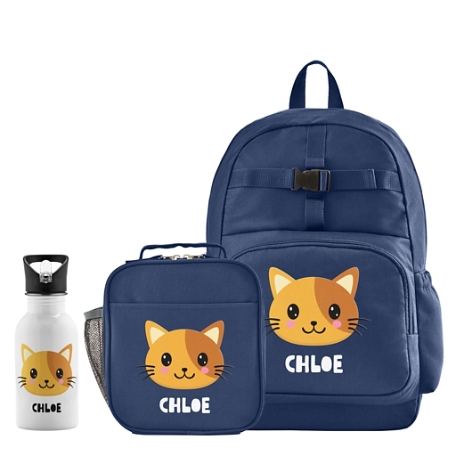 Cheerful Animals Backpack + Lunch Box + Water Bottle - Navy Blue - Cat