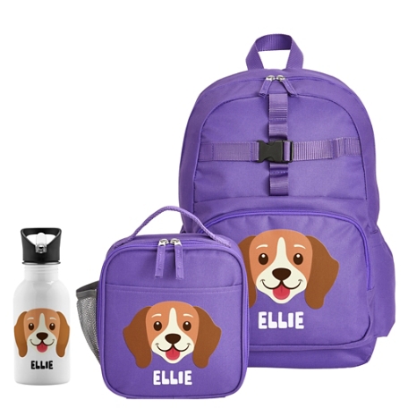 Cheerful Animals Backpack + Lunch Box + Water Bottle - Purple - Dog