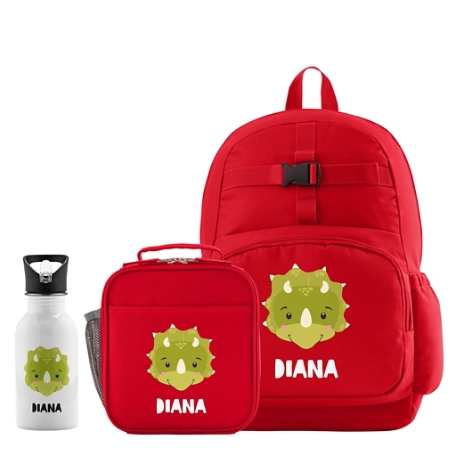 Cheerful Animals Backpack + Lunch Box + Water Bottle - Red - Dinosaur