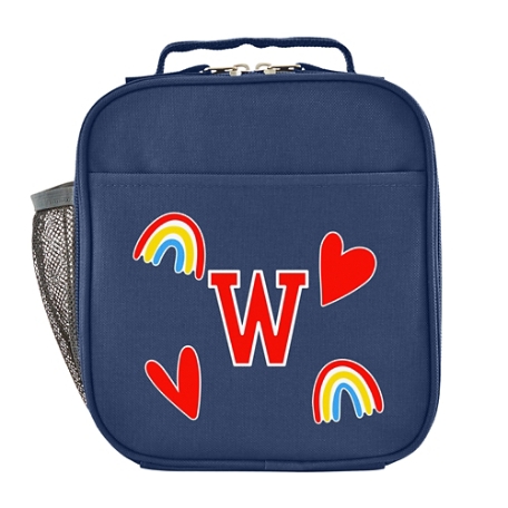 Decal + Monogram Navy Lunch Box - Hearts & Rainbow - Red