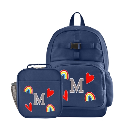 Decal + Monogram Navy Backpack + Lunch Box - Hearts & Rainbow - Gray