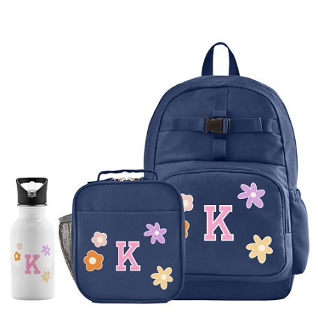 Decal + Monogram Navy Backpack + Lunch Box + Water Bottle - Flowers - Pink