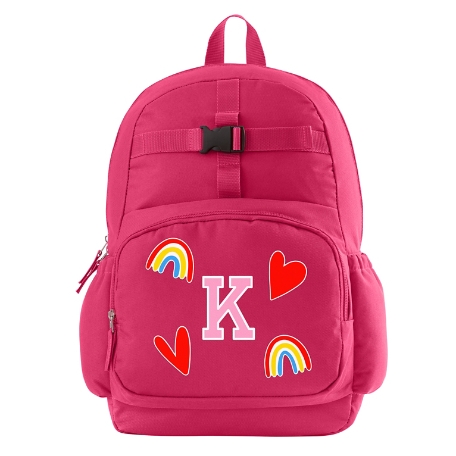 Decal + Monogram Pink Backpack - Hearts and Rainbow - Pink