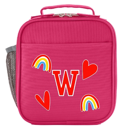 Decal + Monogram Pink Lunch Box - Hearts & Rainbow - Red