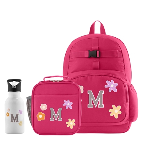 Decal + Monogram Pink Backpack + Lunch Box + Water Bottle - Flowers - Gray