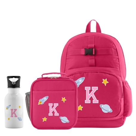 Decal + Monogram Pink Backpack + Lunch Box + Water Bottle - Space - Pink