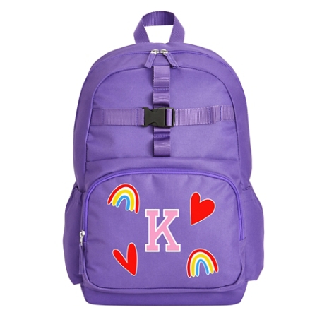 Decal + Monogram Purple Backpack - Hearts and Rainbow - Pink