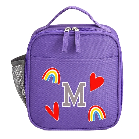 Decal + Monogram Purple Lunch Box - Hearts & Rainbow - Gray