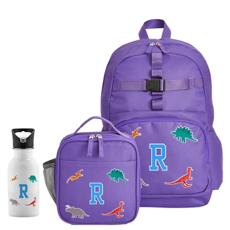 Decal + Monogram Purple Backpack + Lunch Box + Water Bottle - Dino - Blue