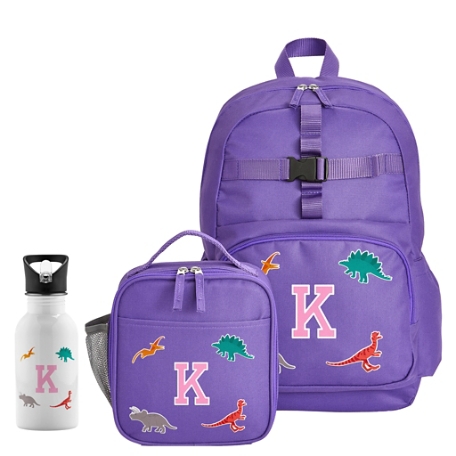 Decal + Monogram Purple Backpack + Lunch Box + Water Bottle - Dino - Pink