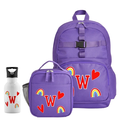 Decal + Monogram Purple Backpack + Lunch Box + Water Bottle - Hearts & Rainbow - Red