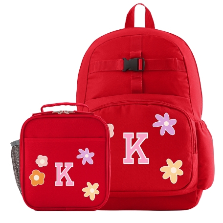 Decal + Monogram Red Backpack + Lunch Box - Flowers - Pink