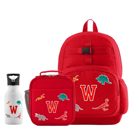 Decal + Monogram Red Backpack + Lunch Box + Water Bottle - Dino - Red
