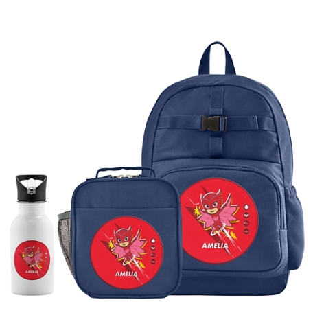 PJ Masks Character Backpack Collection - Navy - Backpack + Lunch Box + Water Bottle - Owlette