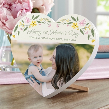 Happy 1st Mother's Day Floral Photo Wood Heart