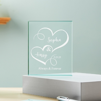 Two Hearts One Love Glass Block