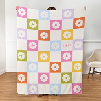 Checkered Flowers Plush Blanket