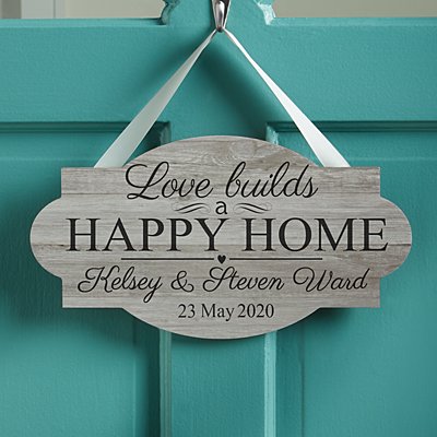 Love Builds a Happy Home Hanging Wood Sign