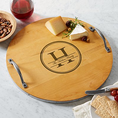 Personalized Family Name + Monogram Wooden Barrel Tray