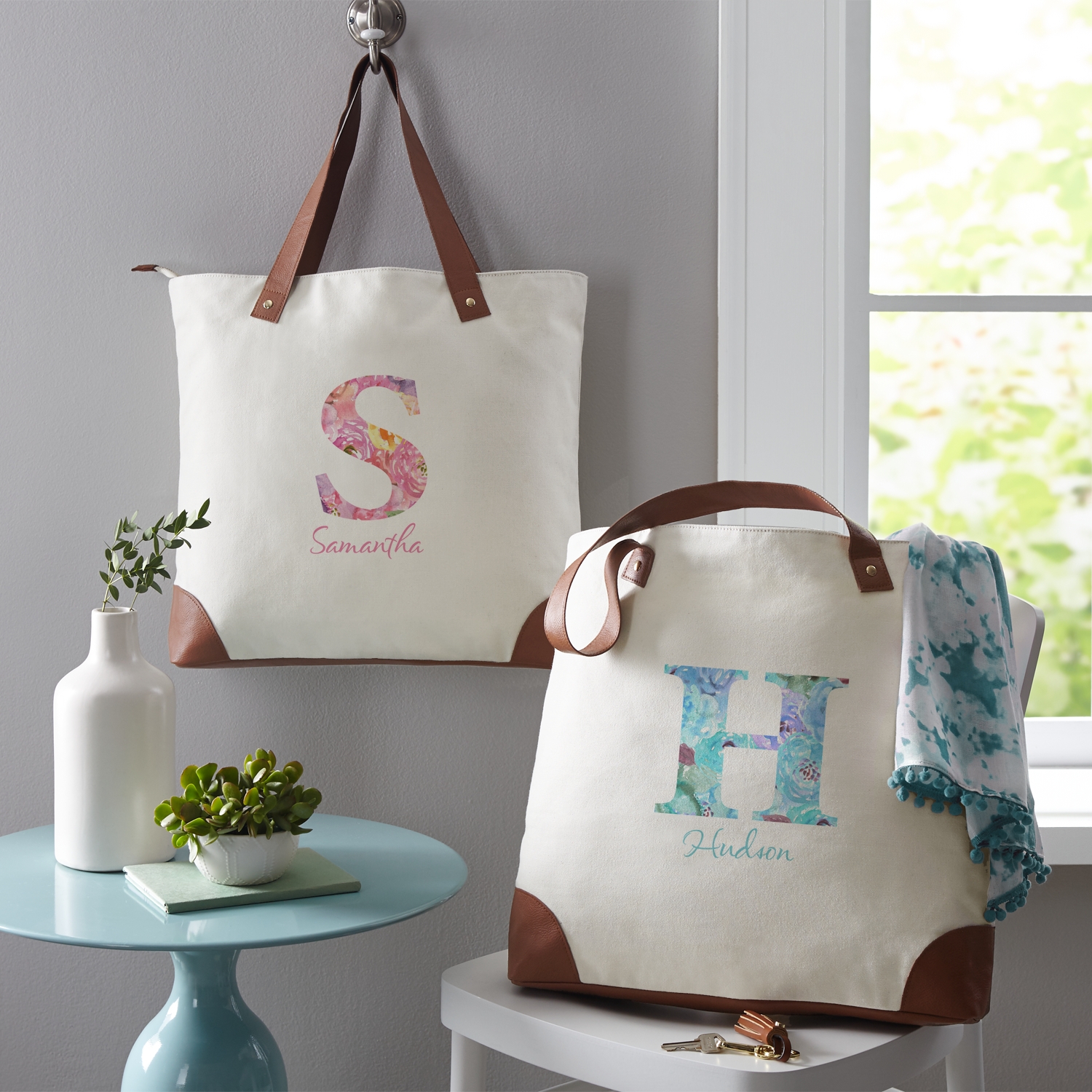 Floral Initial + Name Canvas Tote Bag 